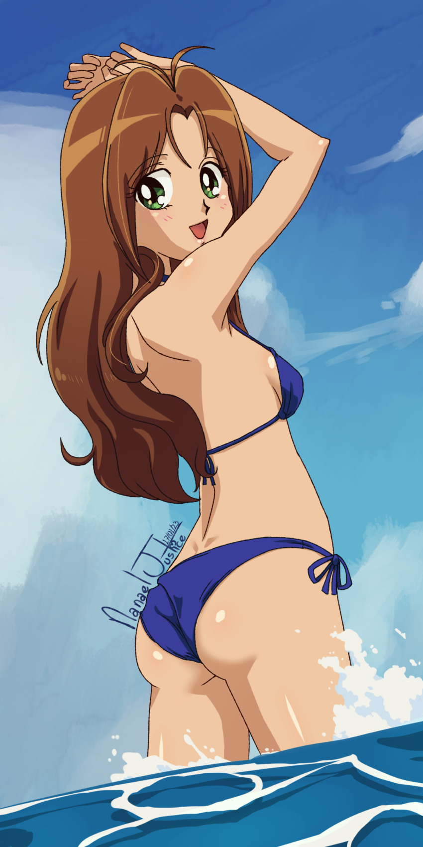 1girl, absurdres, ahoge, ai_tenshi_densetsu_wedding_peach, antenna_hair, arms_up, artist_name, ass