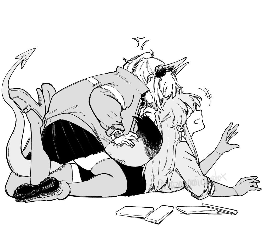 +++, 2girls, anger_vein, arknights, closed_mouth, commentary_request, dragon_girl, dragon_horn