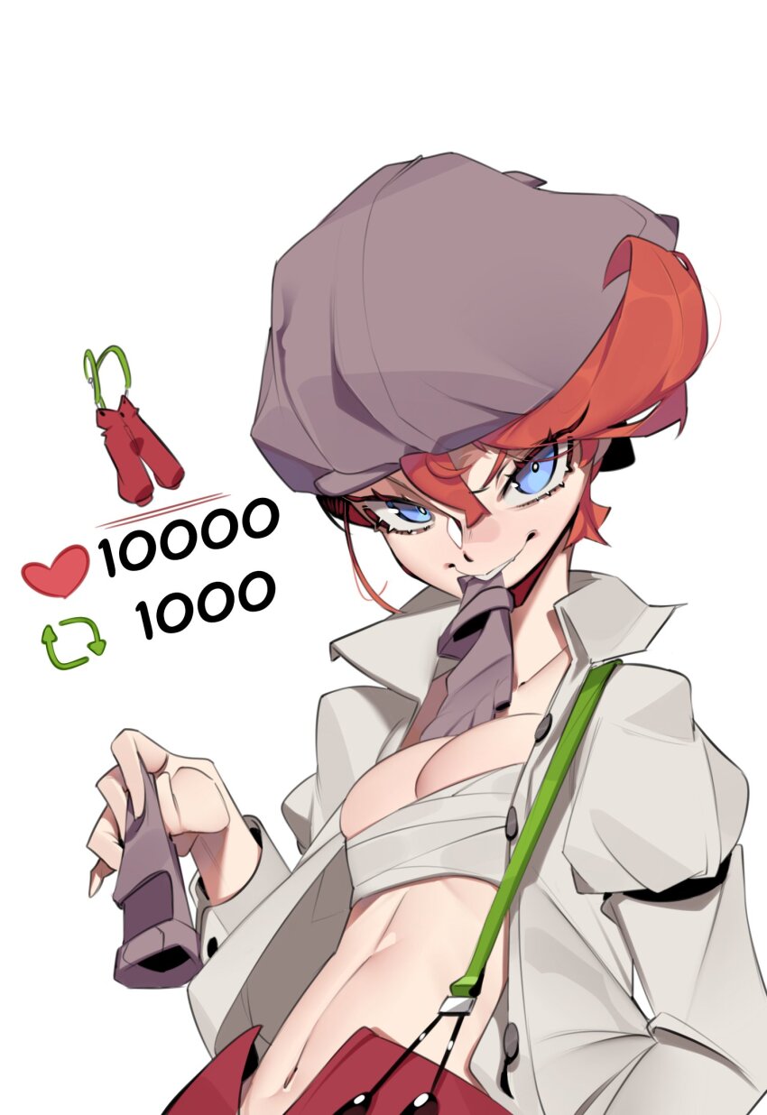 1girl, bellboy_(freaked_fleapit), blue_eyes, breasts, chest_sarashi, cleavage, fingerless_gloves, freaked_fleapit_(game)