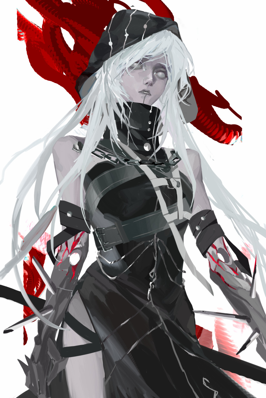 1girl, absurdres, bare_arms, bare_shoulders, black_dress, blank_eyes, bridge_piercing, chain