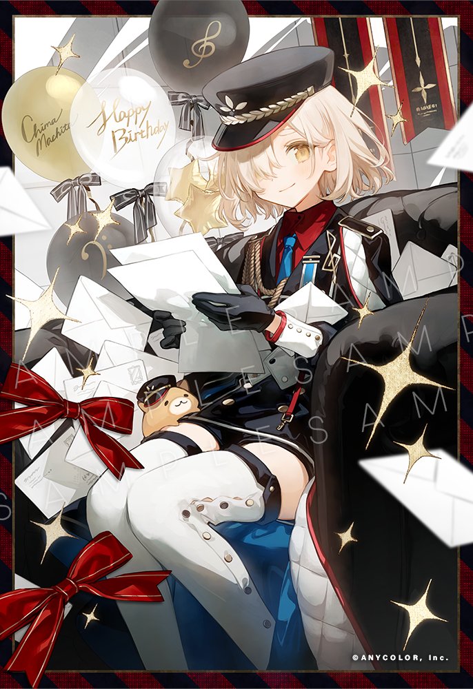 1girl, aiguillette, alternate_costume, alternate_hair_length, alternate_hairstyle, balloon, bass_clef, belt