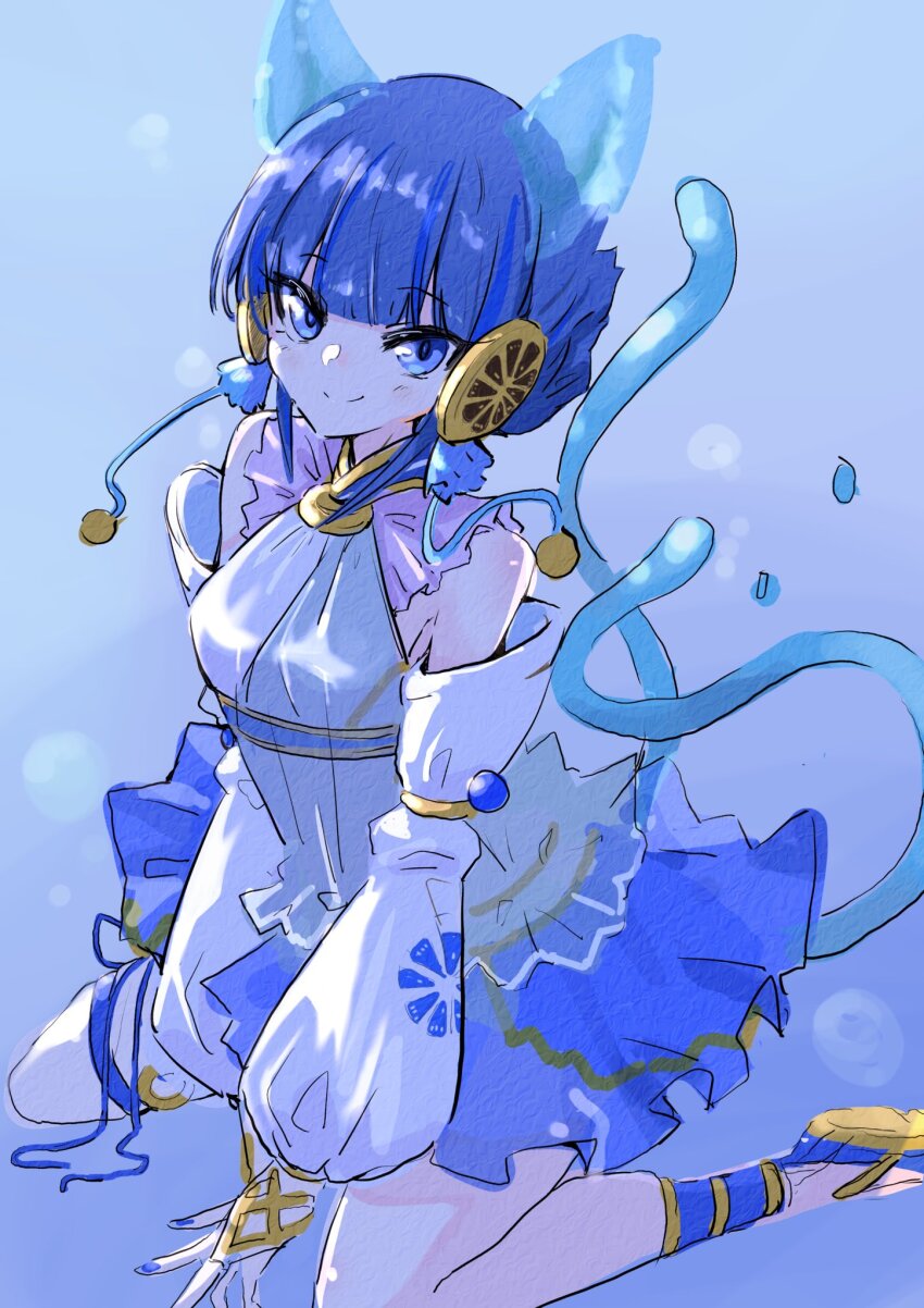 1girl, animal_ears, bare_legs, bare_shoulders, blue_eyes, blue_hair, breasts, cat_ears