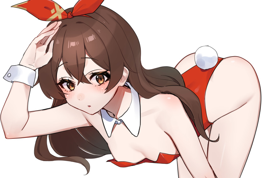 1girl, absurdres, amber_(genshin_impact), ass, bare_legs, bare_shoulders, bent_over, blush, breasts, brown_eyes, brown_hair, cleavage, crossed_bangs, detached_collar, downblouse, fake_tail, genshin_impact, hair_between_eyes, hair_ribbon, hairband, highleg, highleg_leotard, highres, leotard, long_hair, looking_at_viewer, open_mouth, playboy_bunny, rabbit_tail, red_leotard, red_ribbon, ribbon, sidelocks, simple_background, small_breasts, solo, strapless, strapless_leotard, tail, tutimaru0730, white_background, wrist_cuffs
