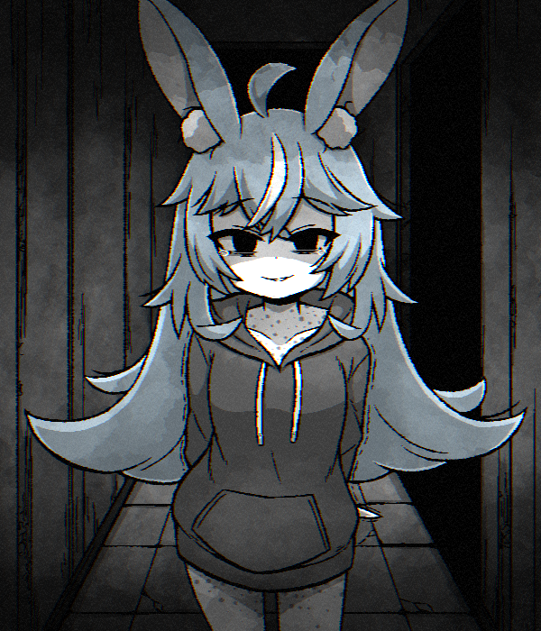 1girl, ahoge, animal_ear_fluff, animal_ears, arms_behind_back, black_hoodie, blank_eyes, blue_hair, colored_skin, commentary, hashtag-only_commentary, hood, hoodie, indie_virtual_youtuber, ink_(inksgirls), long_hair, multicolored_hair, nanobites, rabbit_ears, shaded_face, solo, streaked_hair, tearing_up, tears, trembling, two-tone_hair, vignetting, virtual_youtuber, white_hair, white_skin