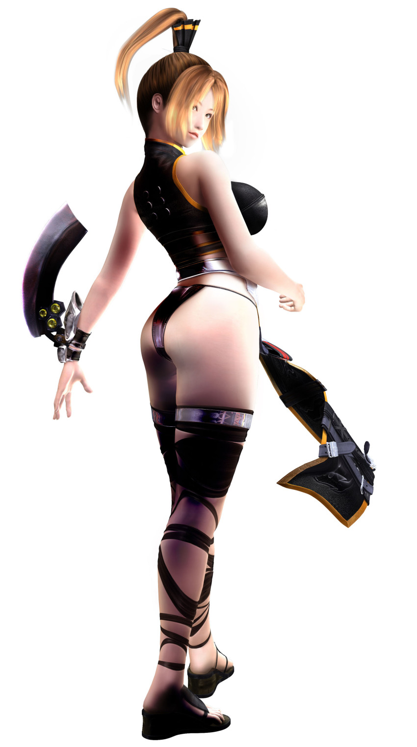 1girl, 3d, absurdres, des_blood_vr, female_focus, high_ponytail, highres, hotaru_(des_blood_vr), parted_bangs, ponytail, simple_background, solo, sword, thigh_strap, thighhighs, thighs, weapon, white_background