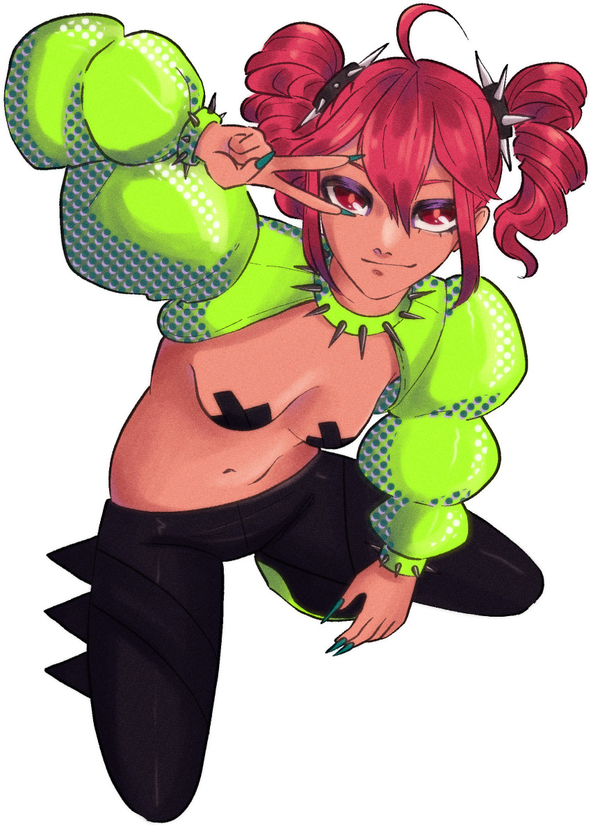 1girl, ahoge, black_pants, breasts, collar, cosplay, cross, cross_pasties, drill_hair, eurovision_song_contest, fingernails, green_nails, halftone, highres, kaarija, kaarija_(cosplay), kasane_teto, koffii-tea, looking_at_viewer, navel, pants, pasties, puffy_sleeves, real_life, red_eyes, red_hair, revealing_clothes, sharp_fingernails, shrug_(clothing), sidelocks, simple_background, sleeve_cuffs, small_breasts, smile, solo, spiked_collar, spiked_sleeves, spikes, squatting, twin_drills, utau, v, white_background