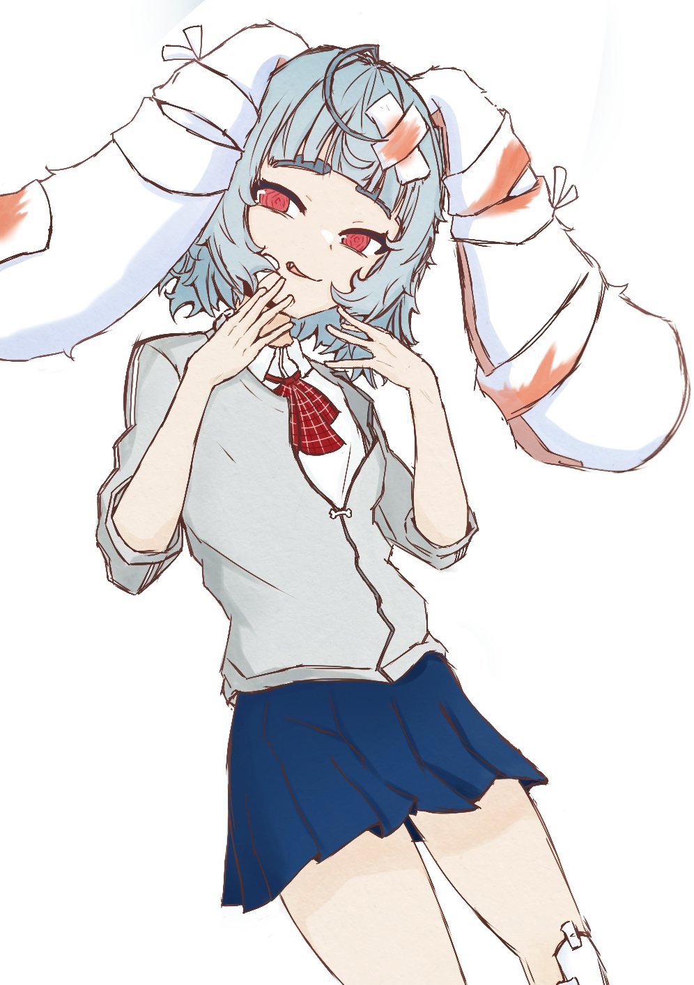 1girl, @_@, ahoge, animal_ears, bandage_on_ear, bandage_on_knee, bandages, blood