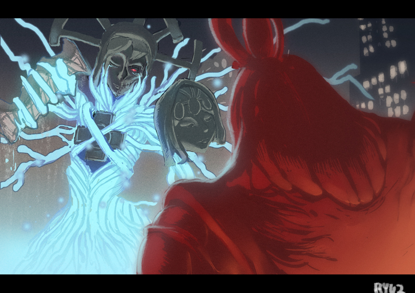 blood, bloody_marie_(skullgirls), building, eliza_(skullgirls), energy, giant, giant_monster, kaiju