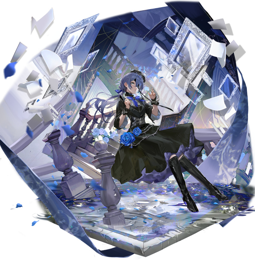 1girl, alternate_costume, banister, black_boots, black_corset, black_dress, blue_flower, blue_hair