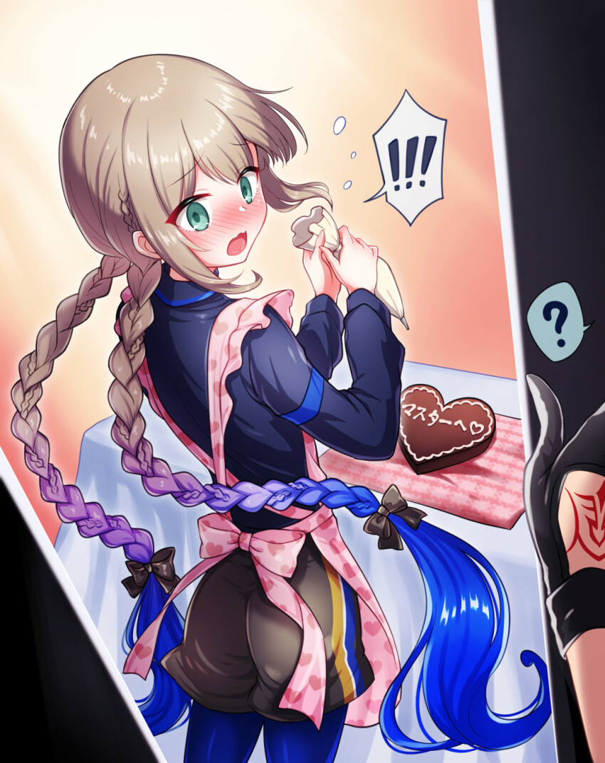 !, !!, 1boy, 1other, ass, black_shirt, blue_hair, blue_pantyhose, blush, braid, brown_shorts, candy, captain_nemo_(fate), chocolate, chocolate_heart, commentary_request, doorway, fate/grand_order, fate_(series), food, full-face_blush, gradient_hair, green_eyes, heart, highres, light_brown_hair, long_hair, looking_at_viewer, male_focus, multicolored_hair, nemo_(fate), captain_nemo_(santa)_(fate), pantyhose, pastry_bag, pov, pov_doorway, pov_hands, shell_ocean, shirt, shorts, sidelocks, spoken_exclamation_mark, trap, twin_braids, twintails, valentine, very_long_hair, whipped_cream