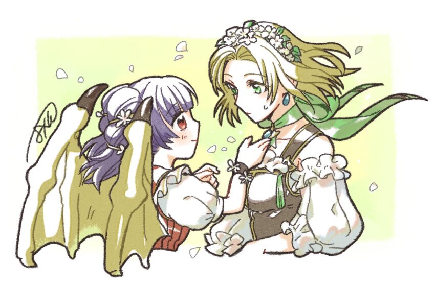 2girls, bare_shoulders, batoson54, blonde_hair, closed_mouth, detached_sleeves, dragon_wings, dress