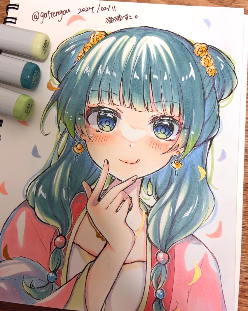 1girl, :q, art_tools_in_frame, beads, blue_eyes, blunt_bangs, blush, chinese_clothes