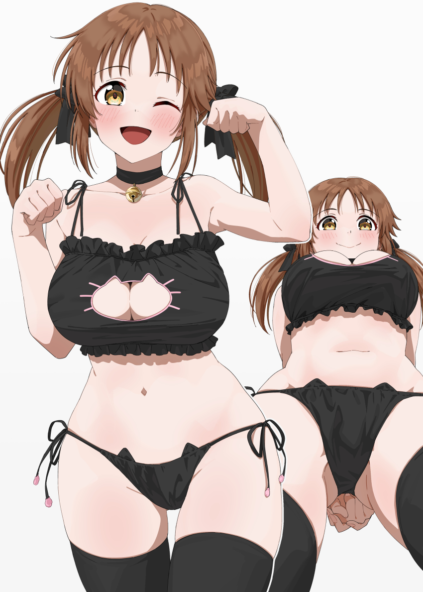 1girl, absurdres, bare_shoulders, bell, black_choker, black_thighhighs, blush, breasts