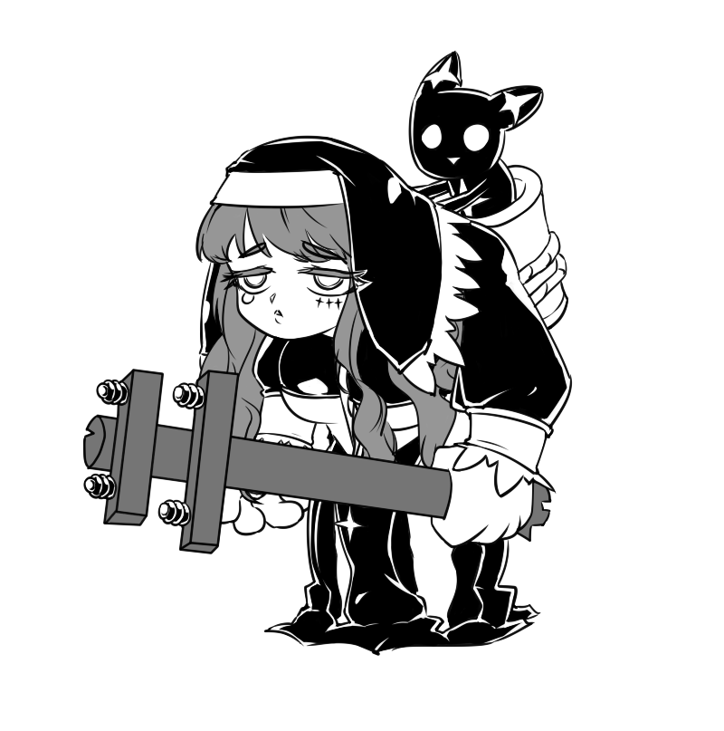 1girl, 1other, basket, cross, cross_facial_mark, facial_mark, full_body, greyscale