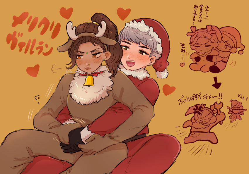 2girls, absurdres, anger_vein, animal_costume, animal_ears, antlers, apex_legends, arrow_(symbol)