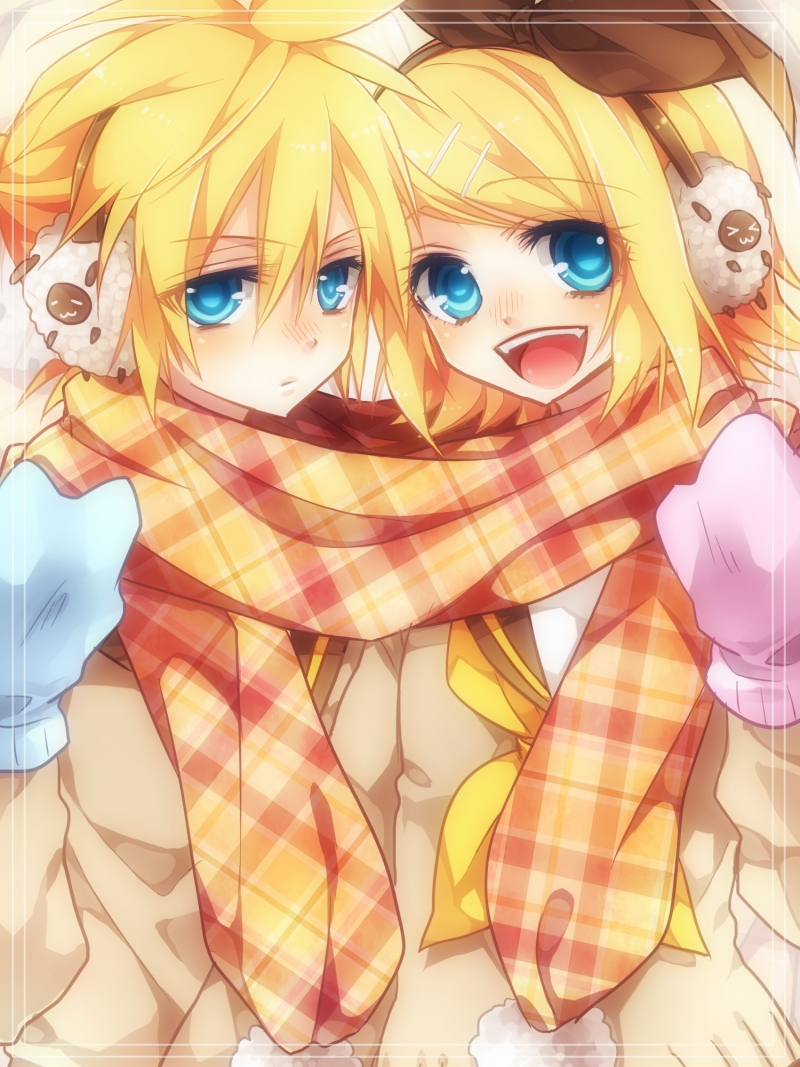 1boy, 1girl, blonde_hair, blue_eyes, brother_and_sister, earmuffs, gloves, hair_ribbon