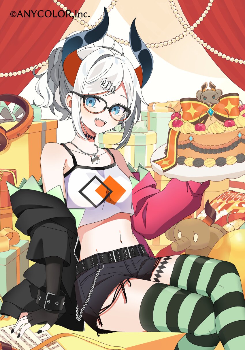 1girl, :d, absurdres, alternate_costume, alternate_hairstyle, belt, wallet_chain, black-framed_eyewear, black_belt, black_nails, black_shorts, blue_eyes, box, breasts, cake, copyright_name, crop_top, curtains, dog_tags, english_text, fangs, food, gift, gift_box, glasses, green_thighhighs, hair_ornament, headphones, highres, holding, holding_plate, hutaba_haru, jacket, leg_tattoo, levi_elipha, levi_elipha_(4th_costume), multicolored_jacket, musical_note, nail_polish, navel, neck_tattoo, nijisanji, official_alternate_costume, official_alternate_hairstyle, official_art, open_clothes, open_jacket, open_mouth, plate, ponytail, popcorn, shorts, sitting, smile, stomach, striped_clothes, striped_thighhighs, stuffed_toy, tattoo, teeth, thighhighs, tongue, unworn_headphones, upper_teeth_only, virtual_youtuber, white_hair