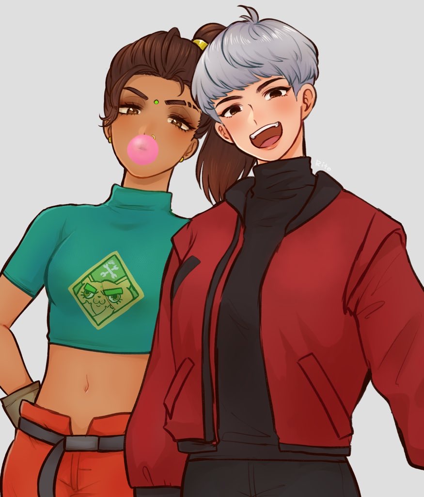 2girls, animification, apex_legends, aqua_shirt, belt, black_belt, black_pants, black_sweater