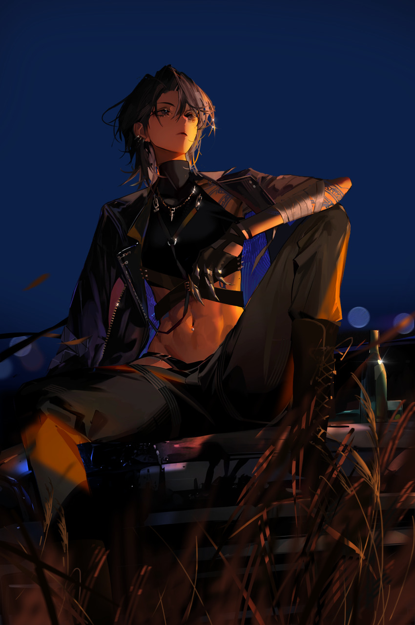 1girl, absurdres, arm_tattoo, bandaged_arm, bandages, black_boots, black_coat, black_gloves