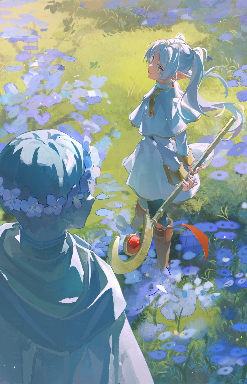 1girl, arms_behind_back, black_pantyhose, bolichar, boots, brown_boots, capelet, corrupted_twitter_file, day, dress, earrings, elf, field, floating_earrings, flower, flower_field, flower_wreath, frieren, gold_trim, grass, head_wreath, highres, himmel_(sousou_no_frieren), holding, holding_staff, holding_wand, jewelry, light_particles, long_hair, long_sleeves, looking_at_viewer, mage_staff, outdoors, pantyhose, pointy_ears, purple_flower, sidelocks, solo, sousou_no_frieren, staff, standing, statue, twintails, wand, white_capelet, white_dress, white_hair
