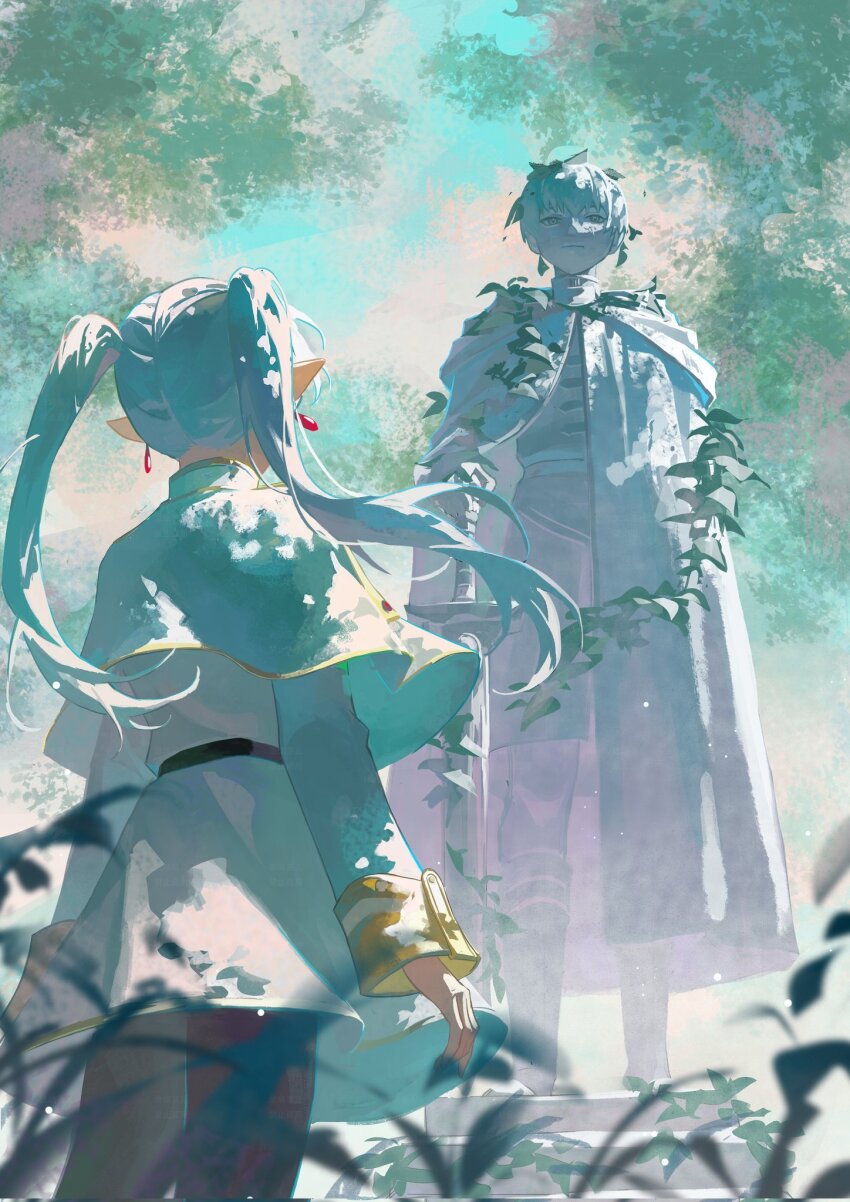 1girl, belt, black_pantyhose, blurry, blurry_foreground, bolichar, capelet, corrupted_twitter_file, cowboy_shot, dappled_sunlight, day, dress, earrings, elf, facing_away, floating_earrings, forest, frieren, gold_trim, grass, highres, himmel_(sousou_no_frieren), jewelry, long_hair, long_sleeves, looking_at_object, nature, outdoors, pantyhose, plant, planted, planted_sword, planted_weapon, pointy_ears, red_belt, solo, sousou_no_frieren, standing, statue, sunlight, sword, twintails, vines, weapon, white_capelet, white_dress, white_hair