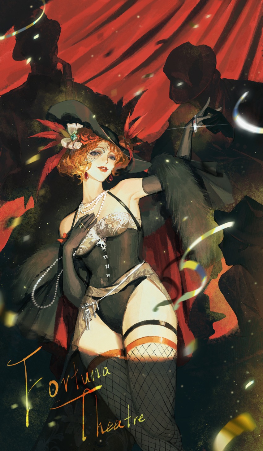 1girl, 3others, absurdres, armpits, bare_shoulders, black_gloves, black_headwear, blue_eyeliner, blue_eyes, bracelet, breasts, cape, ccccl., chinese_commentary, collarbone, commentary, confetti, curtains, earrings, elbow_gloves, eyeliner, fascinator, fishnet_thighhighs, fishnets, floating_earrings, flower, fur-trimmed_cape, fur_trim, gem, gloves, halterneck, hand_on_own_chest, hat, hat_feather, hat_flower, hat_ribbon, highres, jewelry, key, lady_pearl_(path_to_nowhere), leotard, looking_at_viewer, looking_down, makeup, medium_breasts, mole, mole_under_eye, multiple_necklaces, multiple_others, necklace, path_to_nowhere, pearl_(gemstone), pearl_necklace, red_cape, red_eyeliner, red_flower, red_gem, red_lips, ribbon, ring, shadow, solo_focus, spotlight, stage_curtains, thigh_strap, thighhighs