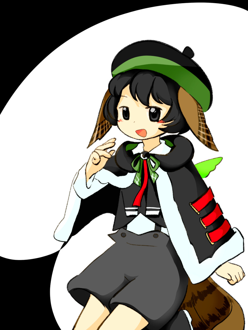 1boy, baila_kuangzi, bird_tail, black_capelet, black_eyes, black_hair, black_hat, black_vest