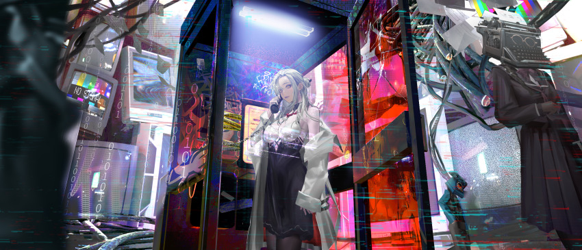 1girl, 2others, absurdres, antique_phone, asymmetrical_bangs, bare_shoulders, between_breasts, binary