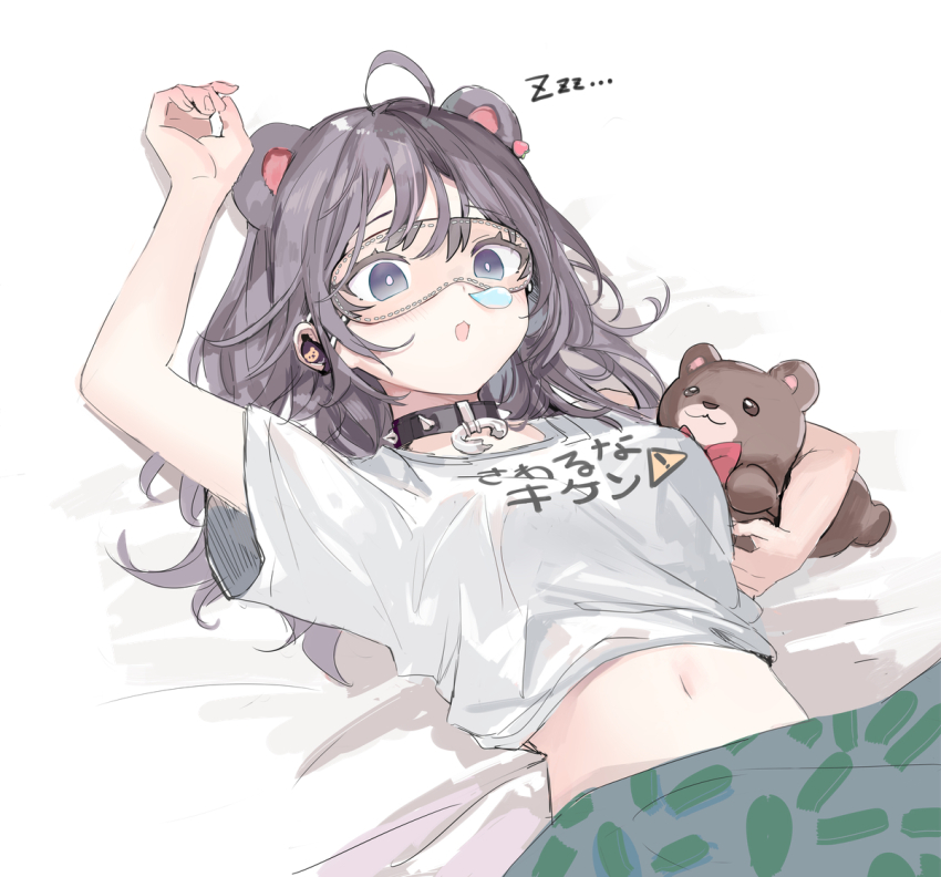 1girl, ahoge, arm_up, aru_(momoko), black_hair, chestnut_mouth, collar, holding, holding_stuffed_toy, long_hair, momoko_(momopoco), navel, nose_bubble, original, parted_lips, shirt, short_sleeves, simple_background, sleeping, spiked_collar, spikes, stomach, stuffed_animal, stuffed_toy, teddy_bear, white_background, white_shirt, zzz