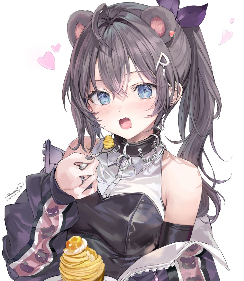 1girl, ahoge, aru_(momoko), bare_shoulders, black_hair, black_jacket, black_nails, blue_eyes