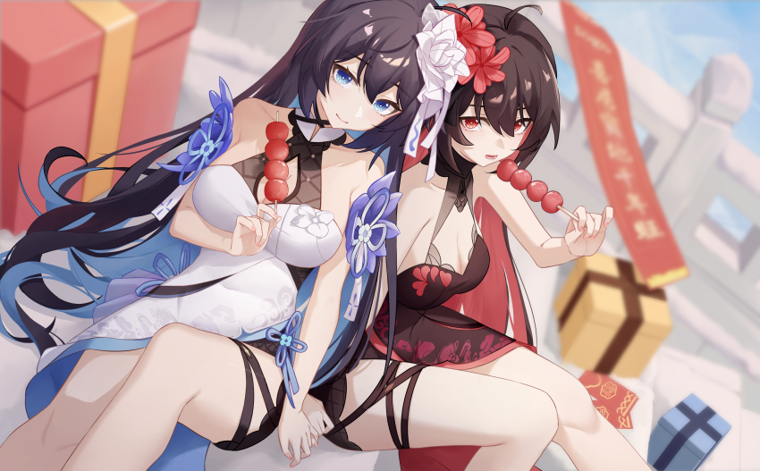 2girls, absurdres, bare_shoulders, black_dress, black_hair, blue_eyes, blue_hair, blue_sky