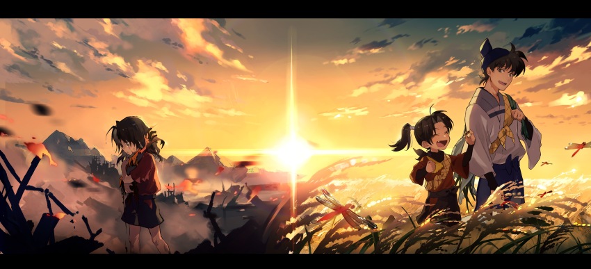 2boys, ^_^, absurdres, animal, black_hair, black_pants, black_scarf, black_shorts