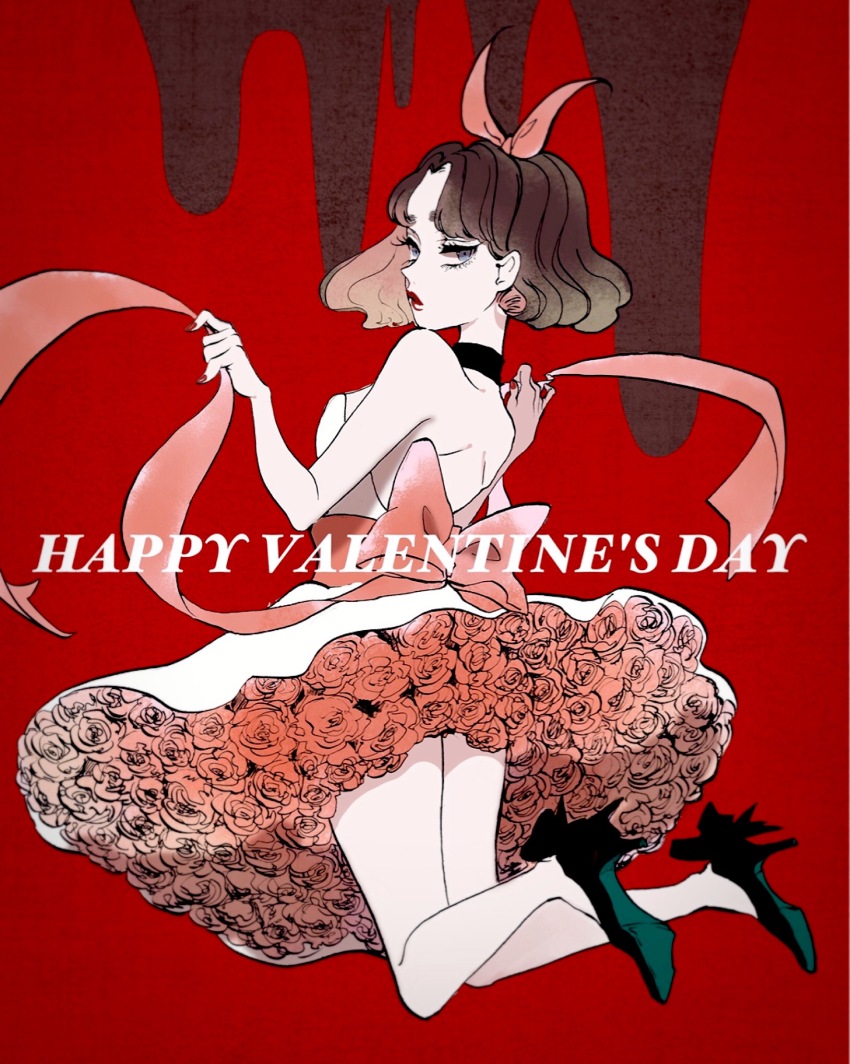 1girl, back_bow, backless_dress, backless_outfit, bare_arms, bare_legs, bare_shoulders, black_footwear