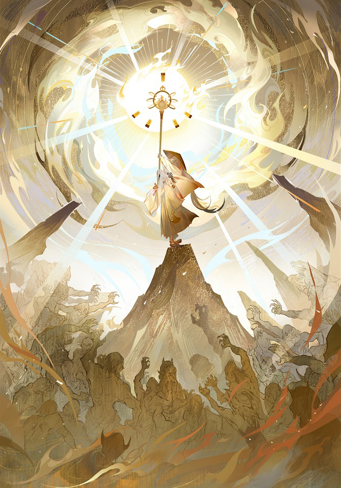 1boy, aobouzu_(onmyoji), claws, cloud, hat, hill, holding, holding_staff