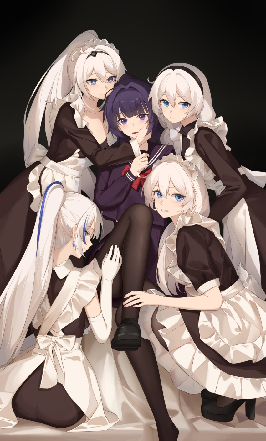 2girls, absurdres, alternate_costume, apron, black_dress, black_footwear, black_pantyhose, blue_eyes, blue_hair, breasts, cleavage, clone, closed_mouth, dress, earrings, elbow_gloves, enmaided, frills, gloves, harem, highres, honkai_(series), honkai_impact_3rd, jewelry, kiana_kaslana, kiana_kaslana_(herrscher_of_flamescion), kiana_kaslana_(time_runner), ling_kongling, long_hair, long_sleeves, looking_at_viewer, maid, maid_apron, maid_headdress, multicolored_hair, multiple_girls, neckerchief, open_mouth, pantyhose, ponytail, purple_eyes, purple_hair, raiden_mei, red_neckerchief, sailor_collar, school_uniform, serafuku, shirt, shoes, short_sleeves, sitting, skirt, smile, streaked_hair, very_long_hair, white_gloves, white_hair, yuri