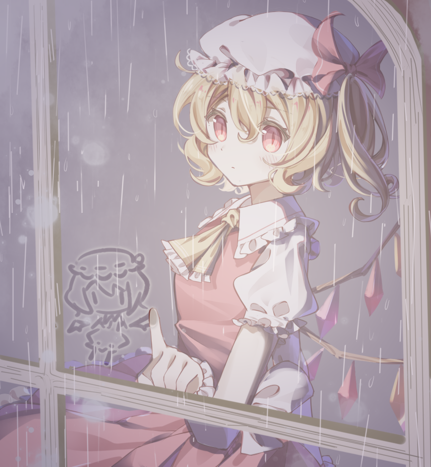1girl, ascot, blonde_hair, bow, chinese_commentary, closed_mouth, collared_shirt, commentary_request, flandre_scarlet, frilled_ascot, frilled_shirt_collar, frilled_sleeves, frills, hair_between_eyes, hat, hat_bow, jian_xing_zao, lace-trimmed_headwear, lace_trim, medium_hair, mob_cap, rain, red_bow, red_eyes, red_skirt, red_vest, remilia_scarlet, shirt, side_ponytail, skirt, slit_pupils, solo, touhou, vest, white_hat, white_shirt, window, wrist_cuffs, yellow_ascot