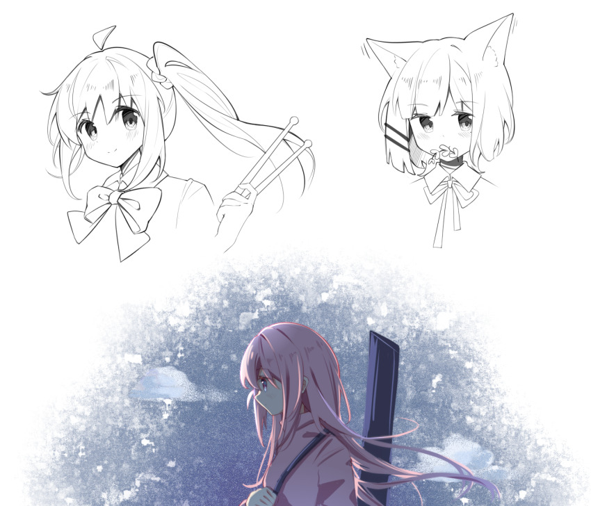 3girls, ahoge, animal_ears, blue_eyes, bocchi_the_rock!, cat_ears, cat_girl, chinese_commentary