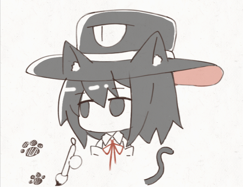1other, androgynous, animal_ear_fluff, animal_ears, animated, animated_gif, black_eyes, black_hair, black_hat, cat_ears, cat_tail, chibi, colored_skin, detached_sleeves, enraku_tsubakura, hat, jian_xing_zao, kemonomimi_mode, len'en, medium_hair, neck_ribbon, no_mouth, no_nose, other_focus, red_ribbon, ribbon, shirt, simple_background, solo, tail, two-sided_fabric, two-sided_headwear, white_background, white_shirt, white_skin, white_sleeves