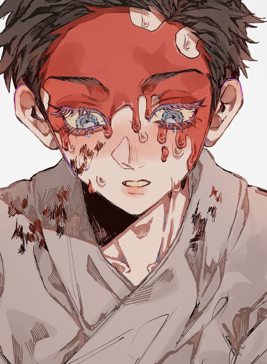 1boy, absurdres, black_hair, blood, blood_on_clothes, blood_on_face, blue_eyes, colored_eyelashes, crying, dougi, hakuji_(kimetsu_no_yaiba), highres, kimetsu_no_yaiba, male_focus, mino_iii, mismatched_eyelashes, parted_lips, short_hair, solo, sparkle, upper_body