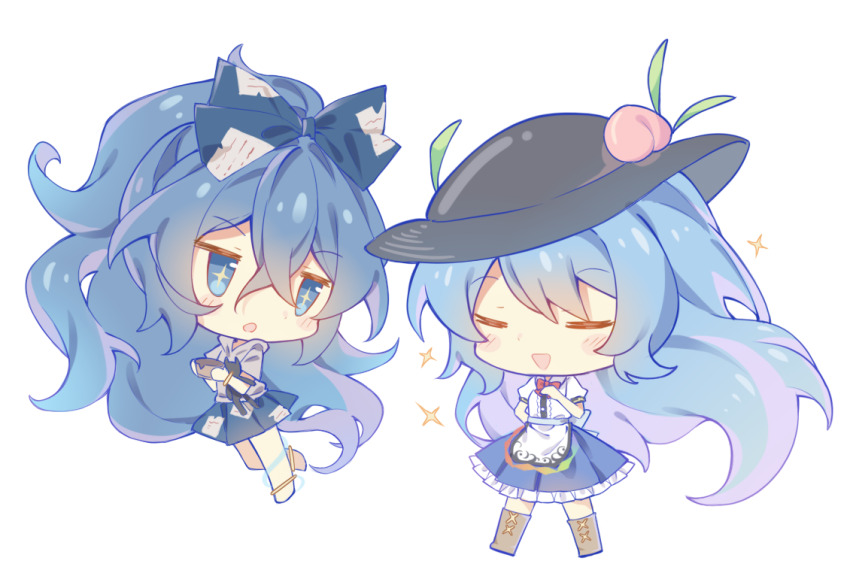 2girls, anklet, apron, barefoot, black_headwear, blue_bow, blue_eyes, blue_hair
