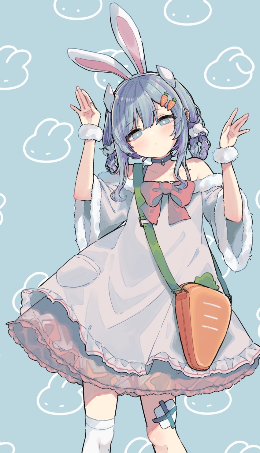 1girl, animal_ears, asymmetrical_legwear, bag, bare_shoulders, blue_background, blue_choker, blue_eyes