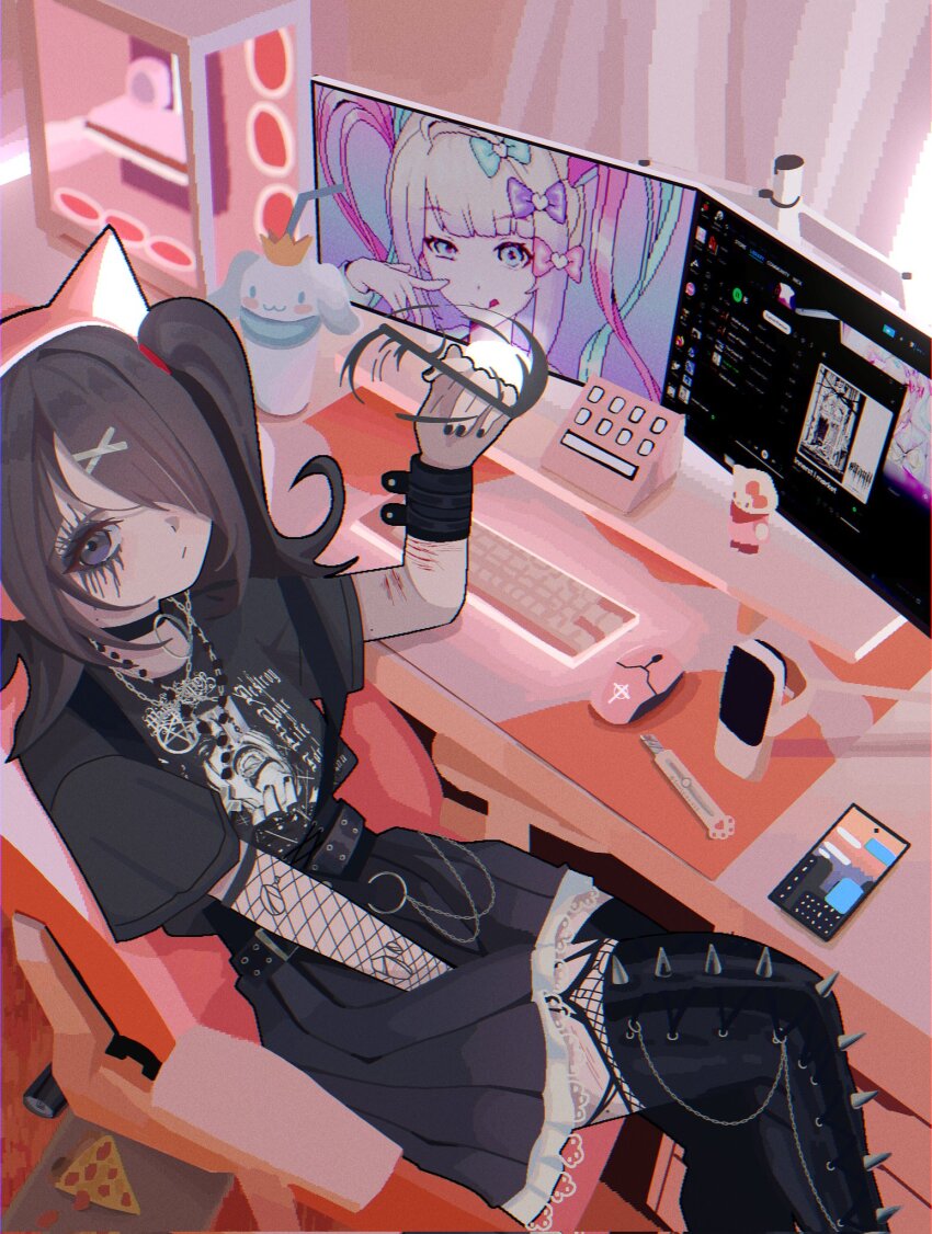 1girl, ame-chan_(needy_girl_overdose), animal_ear_headphones, animal_ears, at_computer, belt, between_legs, black_belt, black_choker, black_eyeliner, black_hair, black_nails, black_shirt, black_skirt, blonde_hair, blue_bow, blue_eyes, blue_hair, bow, cat_ear_headphones, cat_ears, cellphone, chain, chair, choker, chouzetsusaikawa_tenshi-chan, computer, computer_keyboard, computer_mouse, computer_tower, cuffs, cup, curtains, desk, emo_fashion, eyelashes, eyeliner, fake_animal_ears, fishnet_gloves, fishnet_thighhighs, fishnets, food, fuwa_fuwa_cinnamoroll, gaming_chair, gloves, goth_fashion, hair_bow, hair_ornament, hair_over_one_eye, hairclip, hand_between_legs, headphones, hello_kitty, highres, indoors, irreligiositat, jewelry, long_hair, long_sleeves, looking_at_viewer, looking_back, makeup, manii_(band), monitor, multicolored_hair, multiple_hair_bows, mutiilation_(band), nail_polish, necklace, needy_girl_overdose, office_chair, phone, pink_bow, pink_hair, pizza, pleated_skirt, quad_tails, razor, razor_blade, sanrio, scar, self-harm_scar, shirt, short_sleeves, sitting, skirt, smartphone, smile, solo, spikes, stylus, swivel_chair, thighhighs, twintails, x_hair_ornament
