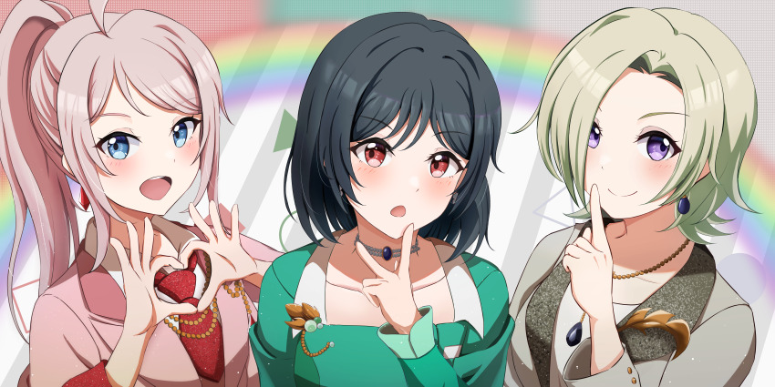 3girls, absurdres, ahoge, black_hair, blue_eyes, blush, closed_mouth, collarbone