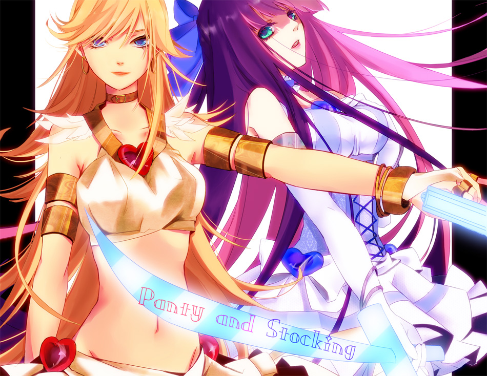 10s, 2girls, armband, armlet, blonde_hair, blue_eyes, bow, bracelet, corset, gun, hair_bow, jewelry, long_hair, midriff, morphine_(pixiv), multiple_girls, navel, panty_&amp;_stocking_with_garterbelt, panty_(psg), purple_hair, siblings, sisters, smile, stocking_(psg), sword, weapon