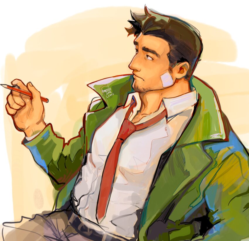 1boy, ace_attorney, adam's_apple, bandage_on_face, bandages, belt, black_belt, black_hair, closed_mouth, coat, collarbone, collared_shirt, dick_gumshoe, facial_hair, goatee, green_coat, grey_pants, highres, holding, holding_pencil, long_sleeves, looking_ahead, loose_necktie, male_focus, messyinklines, necktie, pants, pencil, red_necktie, shirt, short_hair, sideburns, signature, solo, white_shirt