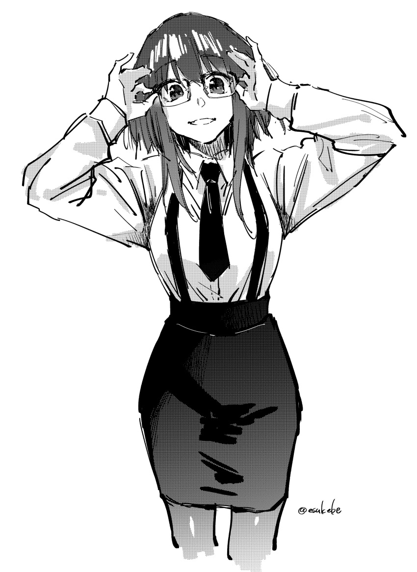 1girl, breasts, collared_shirt, eisuke_(gobangai_hole_boys), greyscale, hair_between_eyes, highres, long_hair