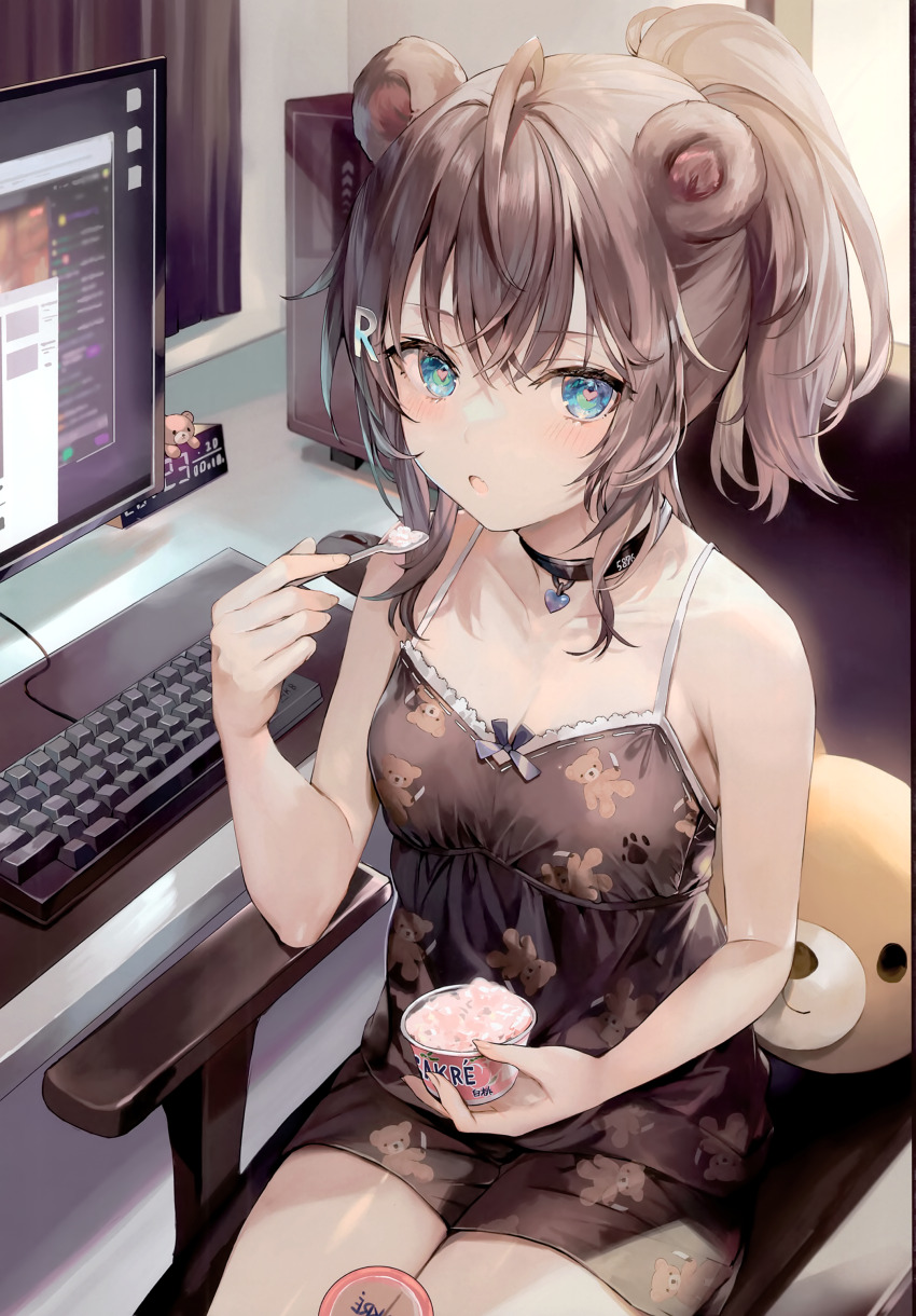 1girl, :o, absurdres, ahoge, animal_ears, aru_(momoko), bare_arms, bare_shoulders, bear_ears, black_choker, black_shirt, black_shorts, blue_eyes, breasts, camisole, chair, choker, clock, collarbone, computer, cpu, digital_clock, food, grey_hair, hair_ornament, heart, heart-shaped_pupils, highres, holding, holding_food, holding_spoon, ice_cream, computer_keyboard, letter_hair_ornament, light_blush, long_hair, looking_at_viewer, momoko_(momopoco), monitor, computer_mouse, office_chair, open_mouth, original, ponytail, scan, segment_display, shirt, short_shorts, shorts, sitting, sleeveless, sleeveless_shirt, small_breasts, solo, spaghetti_strap, spoon, swivel_chair, symbol-shaped_pupils