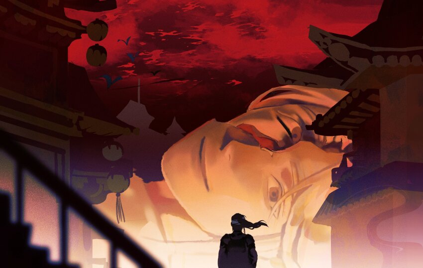 1boy, architecture, bandaged_head, bandages, bird, blurry, broken_statue, chromatic_aberration