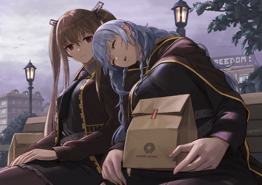 2girls, bag, belka_(sentinel_girls), bench, breasts, brown_hair, cape, closed_mouth