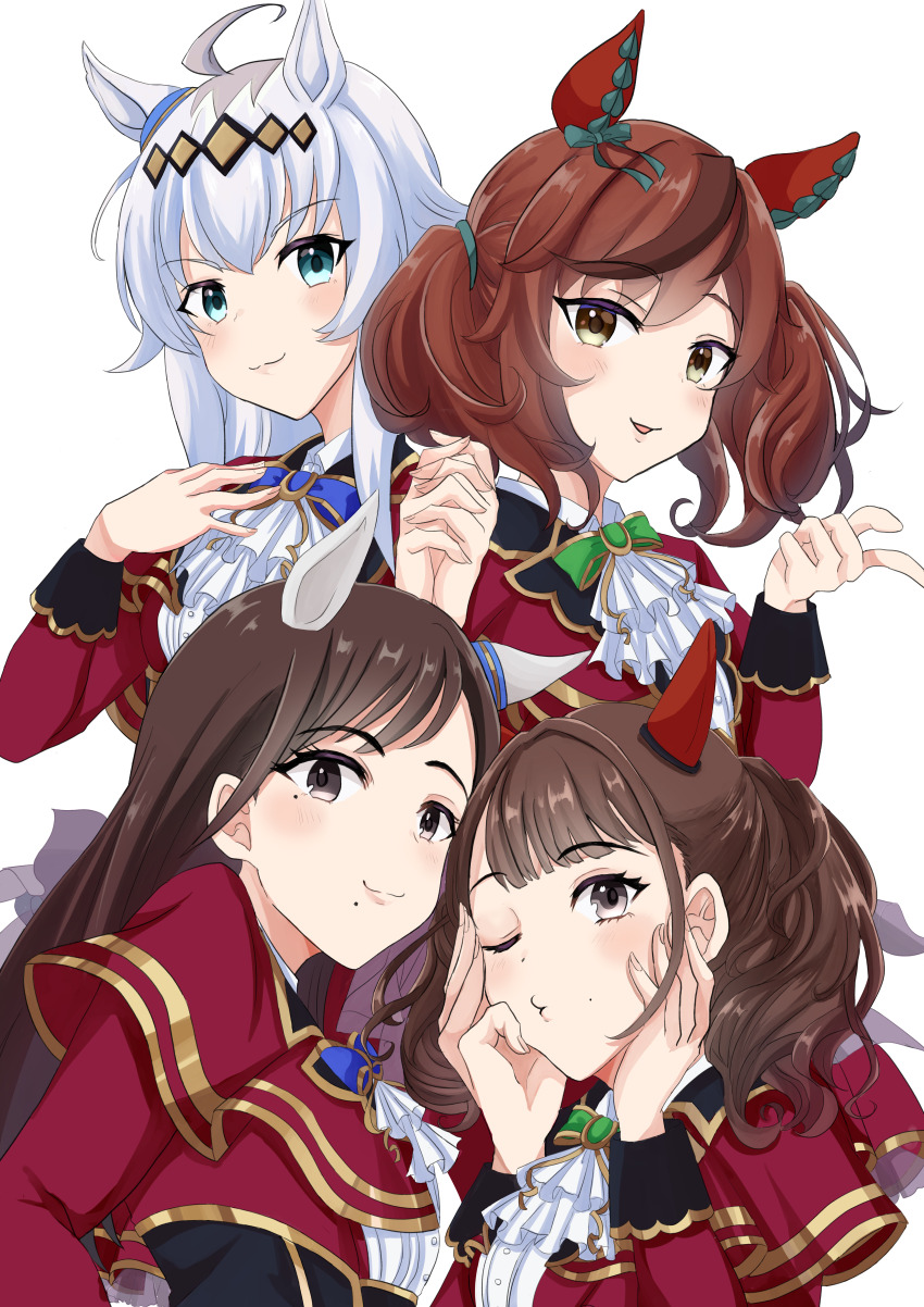 4girls, :3, ;), absurdres, ahoge, animal_ears, ascot, blue_eyes